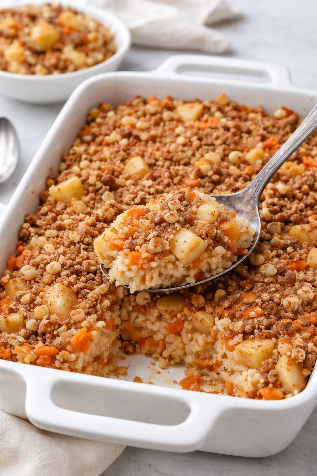 Apple carrot breakfast rice bake scooped from a white 9x13 baking dish.