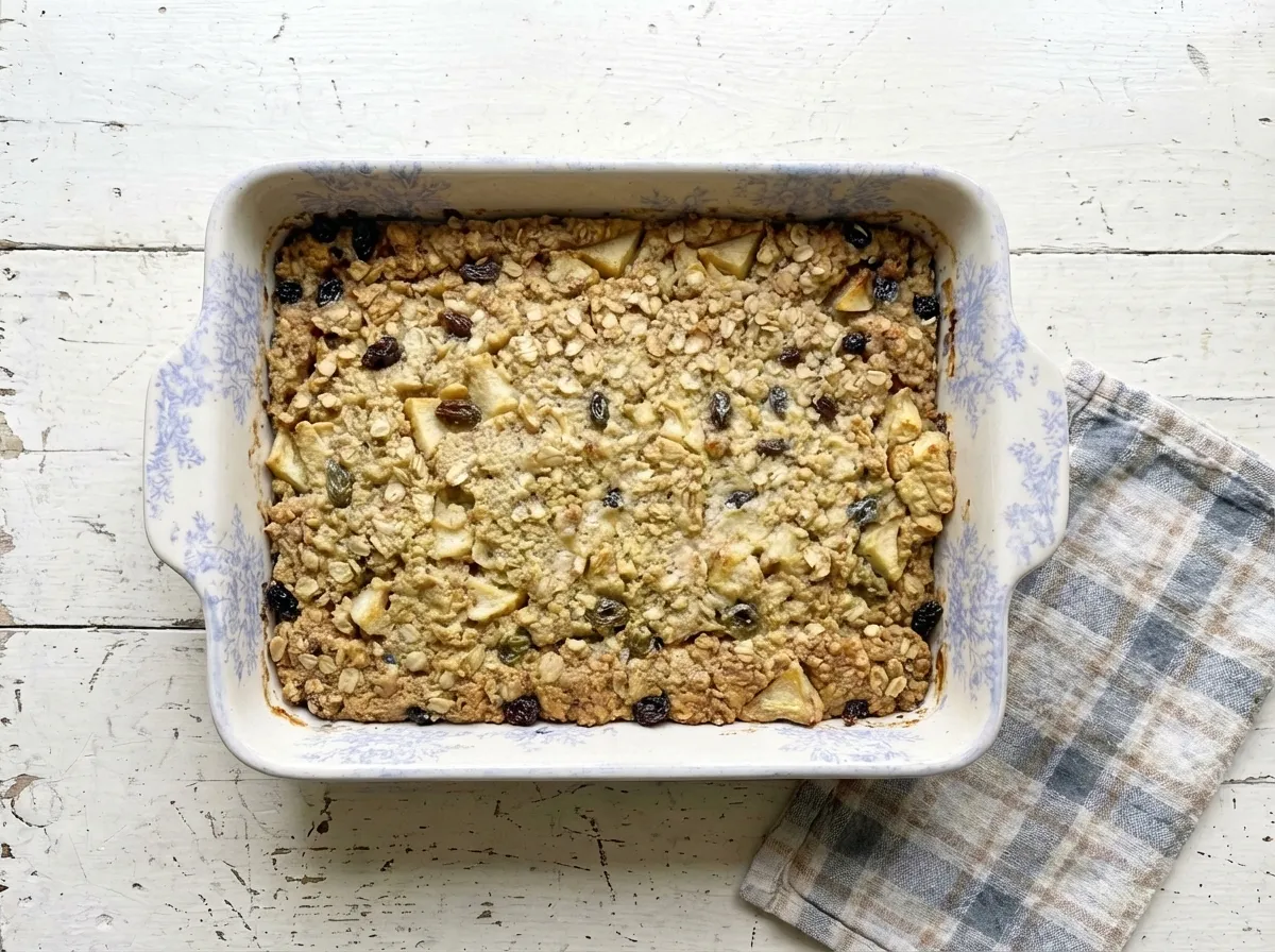 Apple custard baked oatmeal baked in a white handled casserole dish with visible apple pieces and raisins.