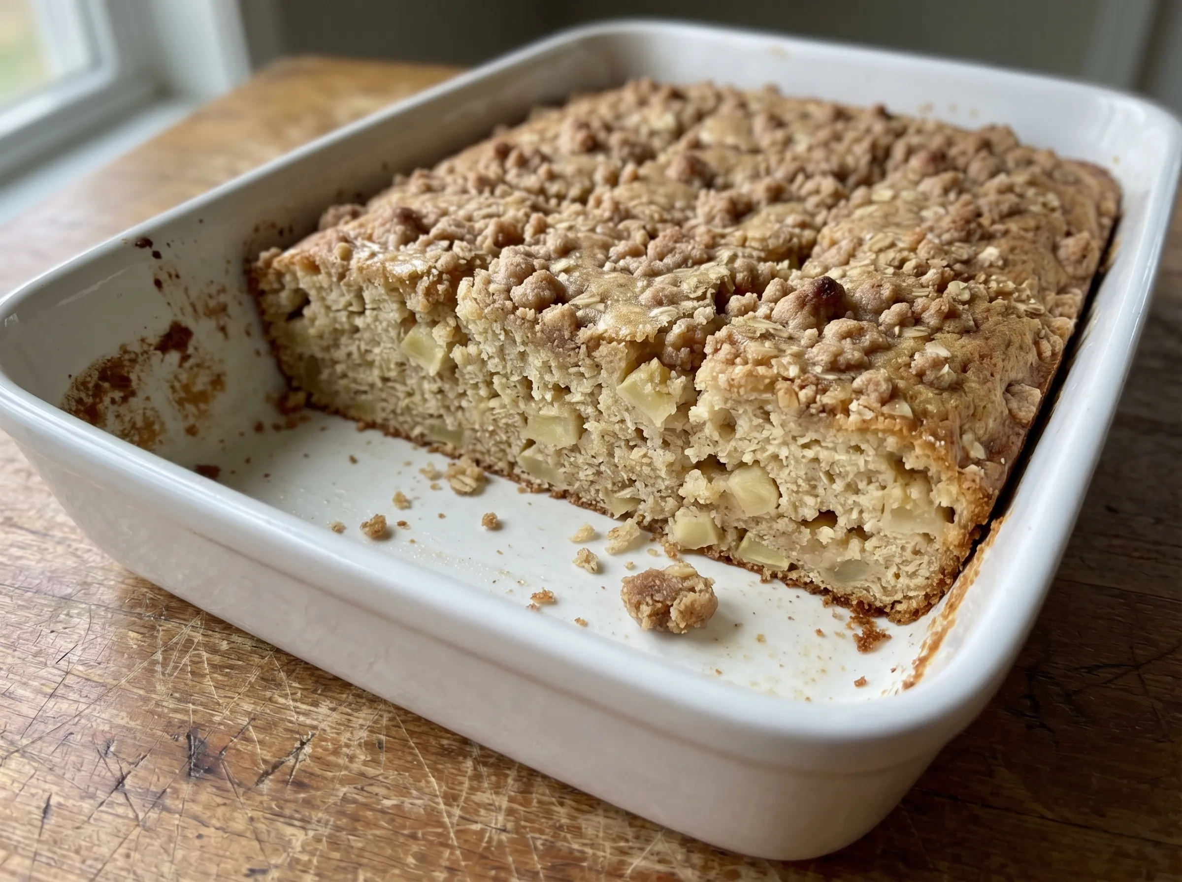 Apple oat snack cake with pantry crumb cut into squares in a 9x13 baking dish.