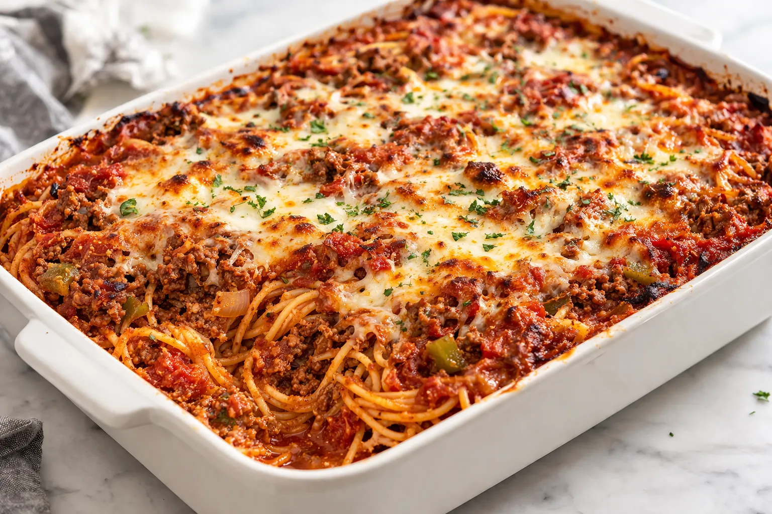 Family Pan Baked Spaghetti baked in a deep casserole dish with browned cheese and saucy layers of spaghetti