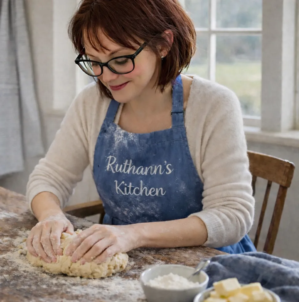 Ruthann Burnworth making pie dough at a kitchen table